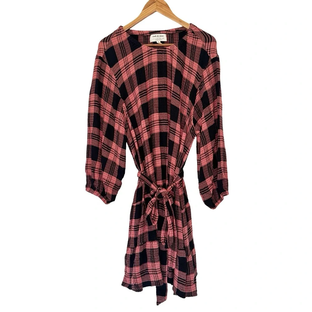 Anthropologie Cloth & Stone Daia Plaid Flannel Mini Dress Pink Black 2X - Picture 2 of 8